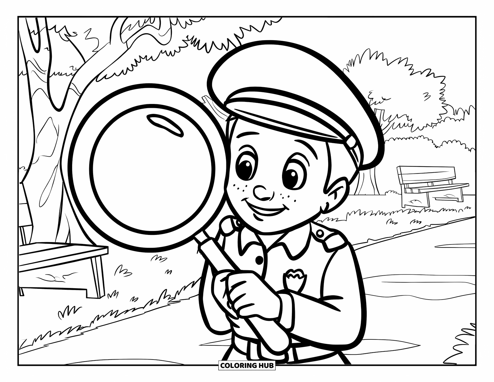 Police Coloring Page for Kids: A friendly officer holds a magnifying glass in a park with trees and a bench
