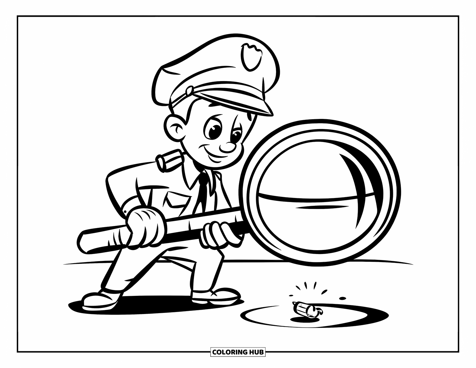 Police Coloring Page for Kids: A friendly officer inspects something tiny with a big magnifying glass