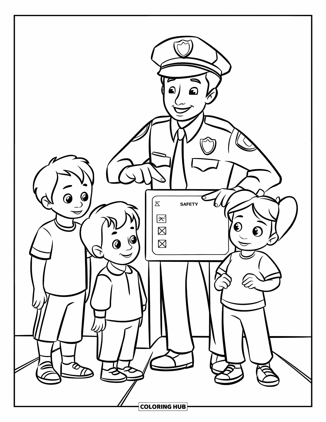 Police Coloring Page for Kids: A friendly officer points at a safety sign while kids listen on a sidewalk