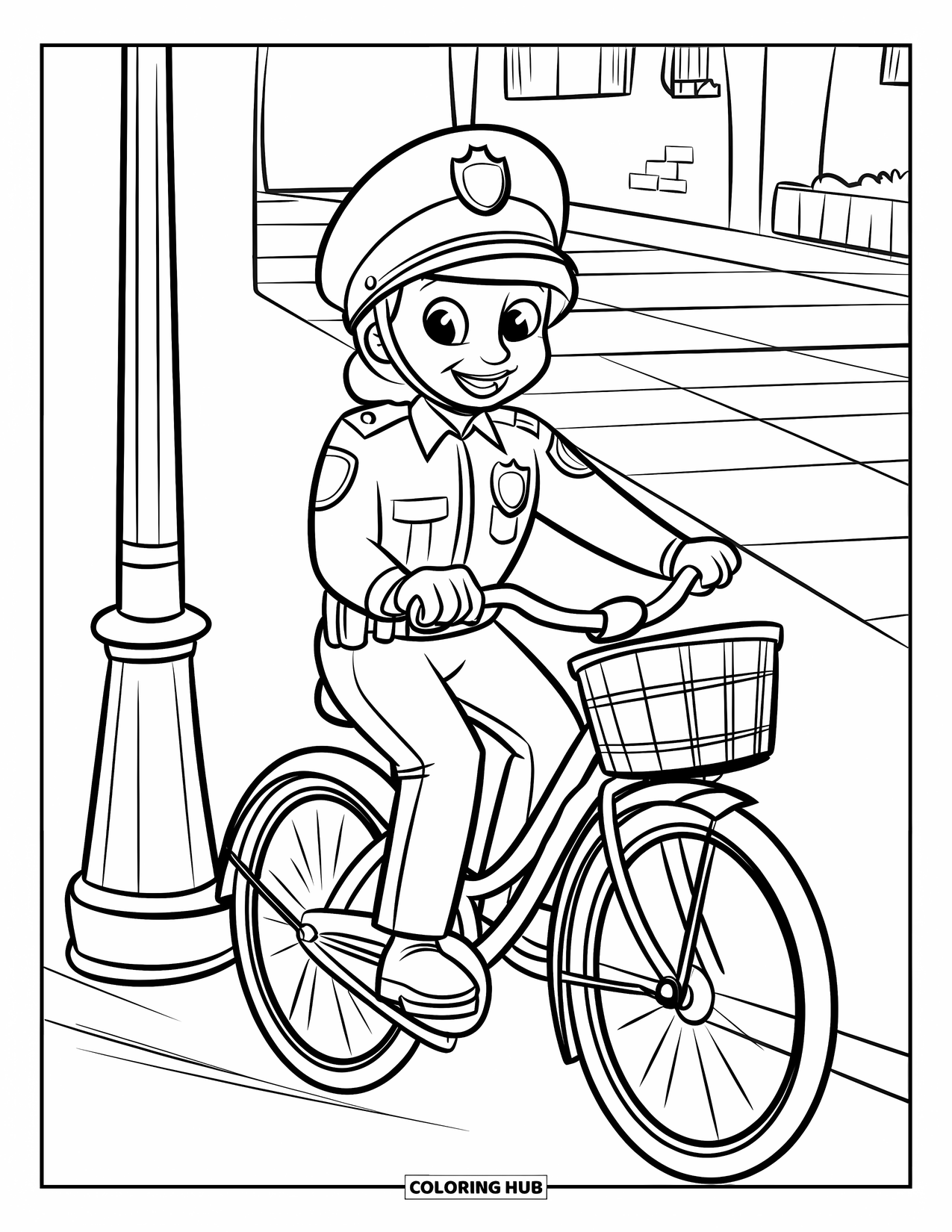 Police Coloring Page for Kids: A friendly officer rides a bicycle with a basket near a walkway and building