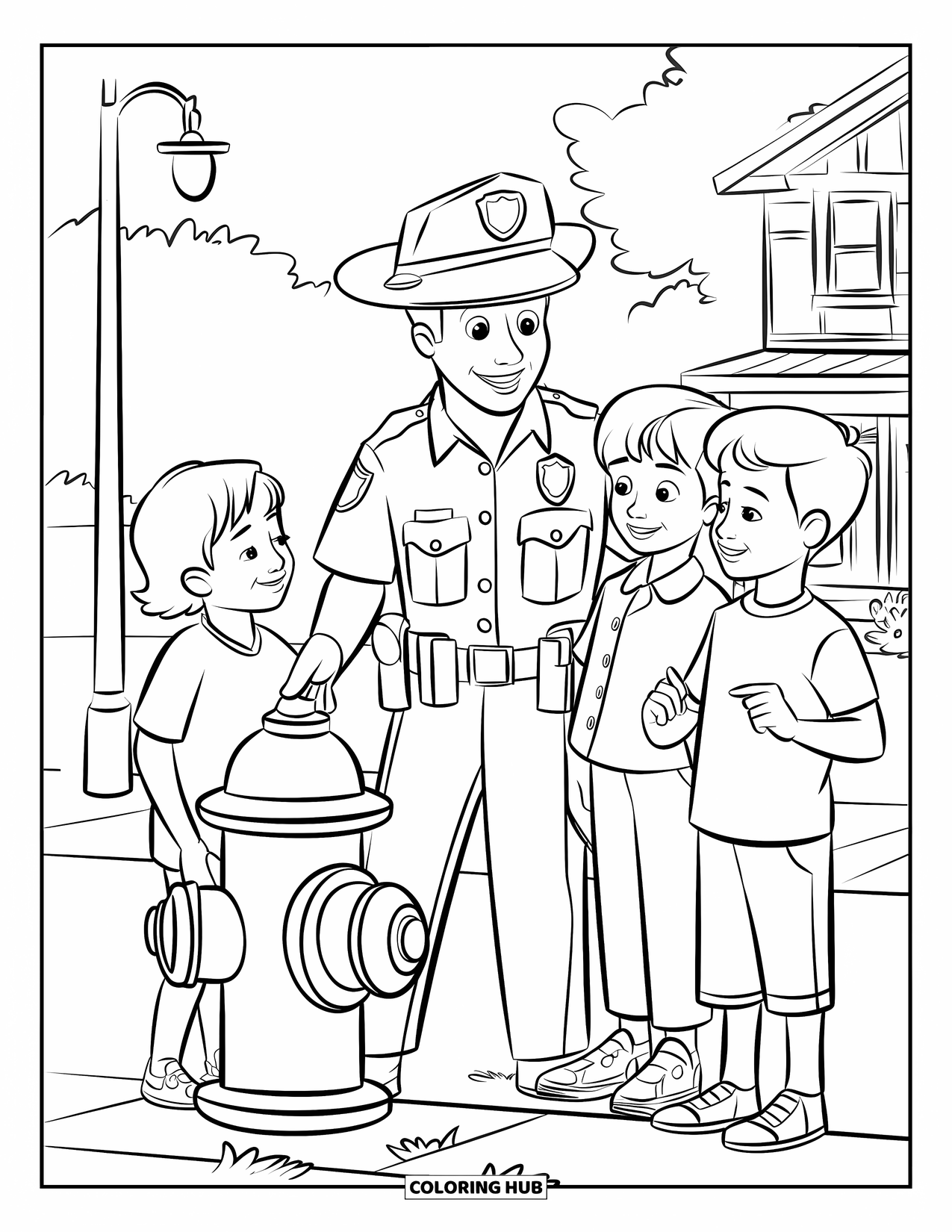 Police Coloring Page for Kids: A friendly officer shows safety tips to kids near a fire hydrant and house