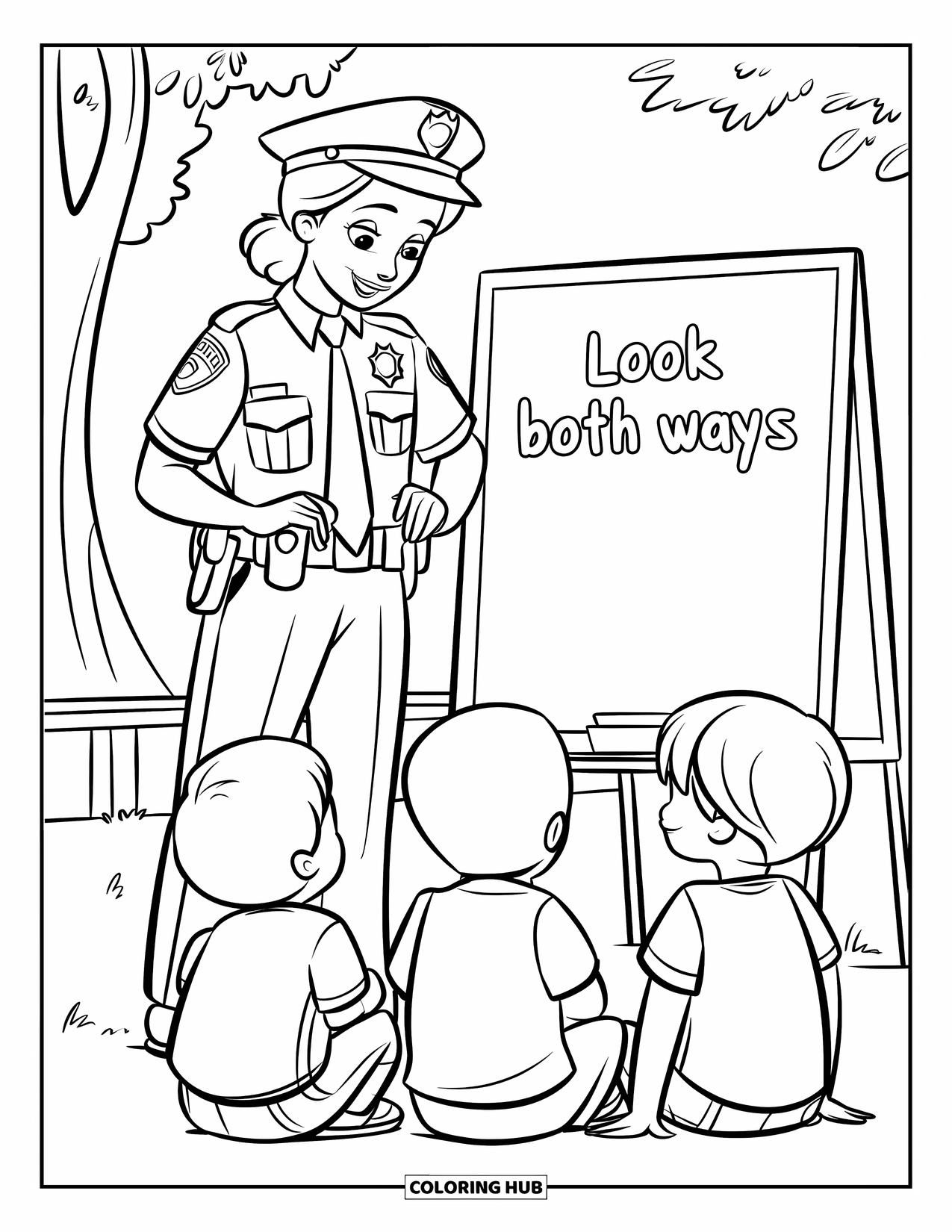 Police Coloring Page for Kids: A friendly officer teaches kids safety at a whiteboard in a park