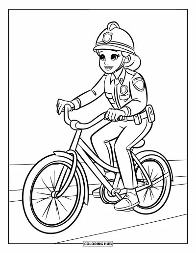 Tegning af politiet til børn: En venlig politibetjent cykler med hjelm og badge