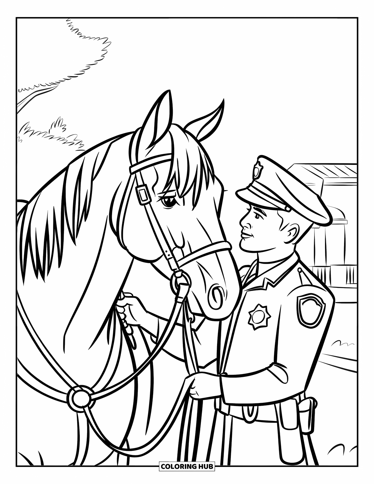 Police Coloring Page for Kids: A mounted officer gently pets his horse after patrol near trees and a building