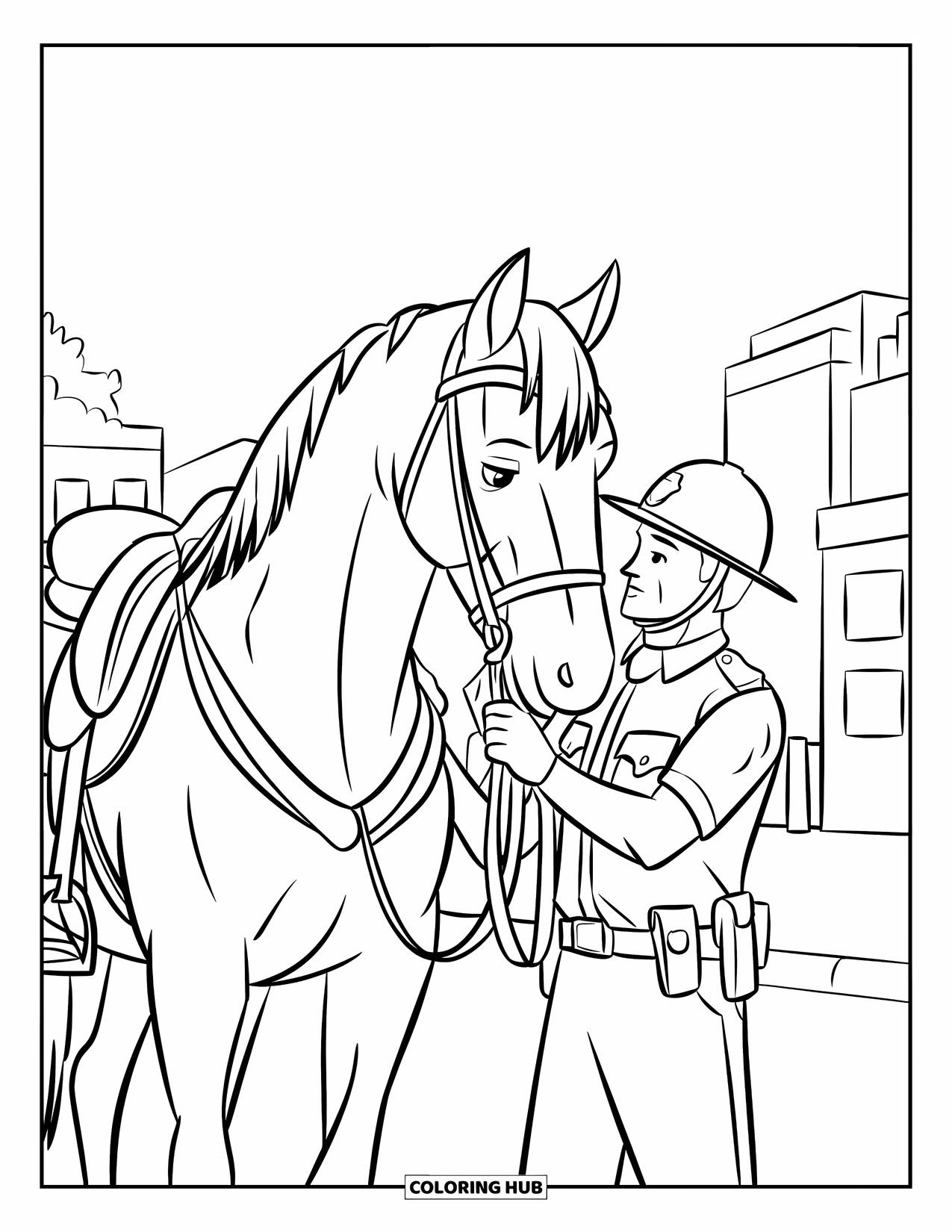 Police Coloring Page for Kids: A mounted officer pets his horse after patrol near some buildings