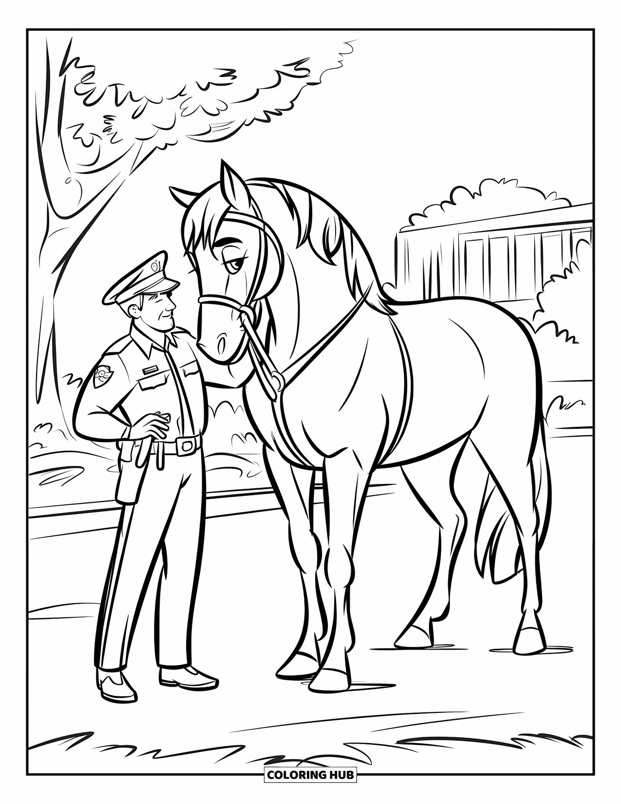 Police Coloring Page for Kids: A mounted officer stands petting his calm horse near trees and a building
