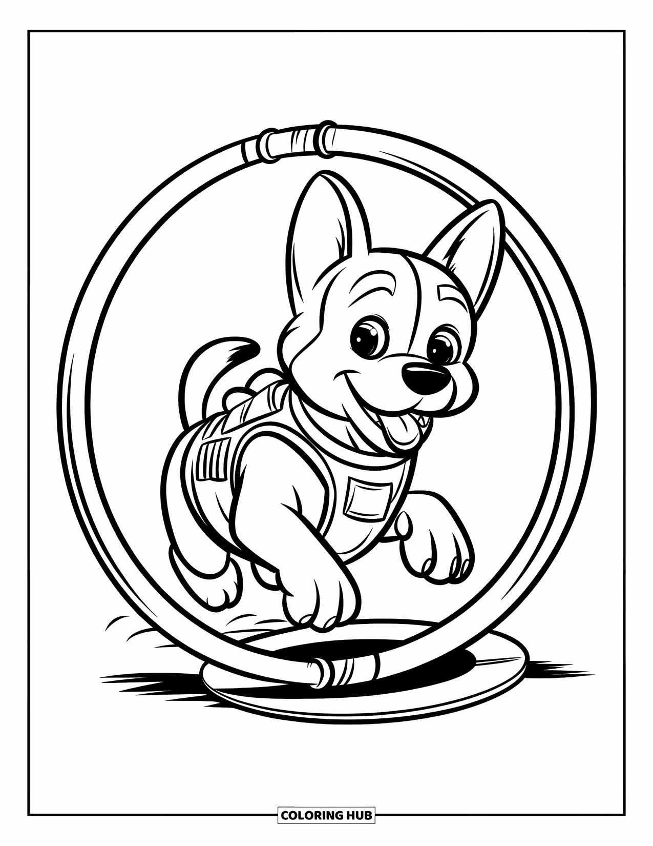 Police Coloring Page for Kids: A playful K9 unit jumps through a training hoop wearing a police vest