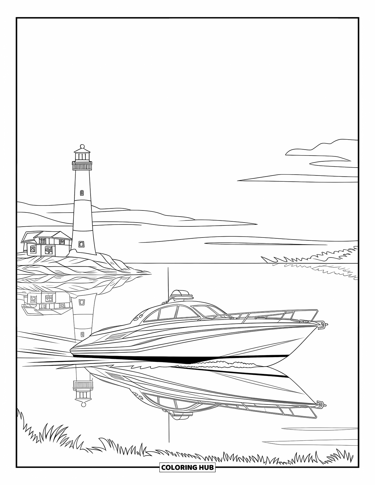 Police Coloring Page for Kids: A police boat with searchlight glides across a lake near a rocky lighthouse
