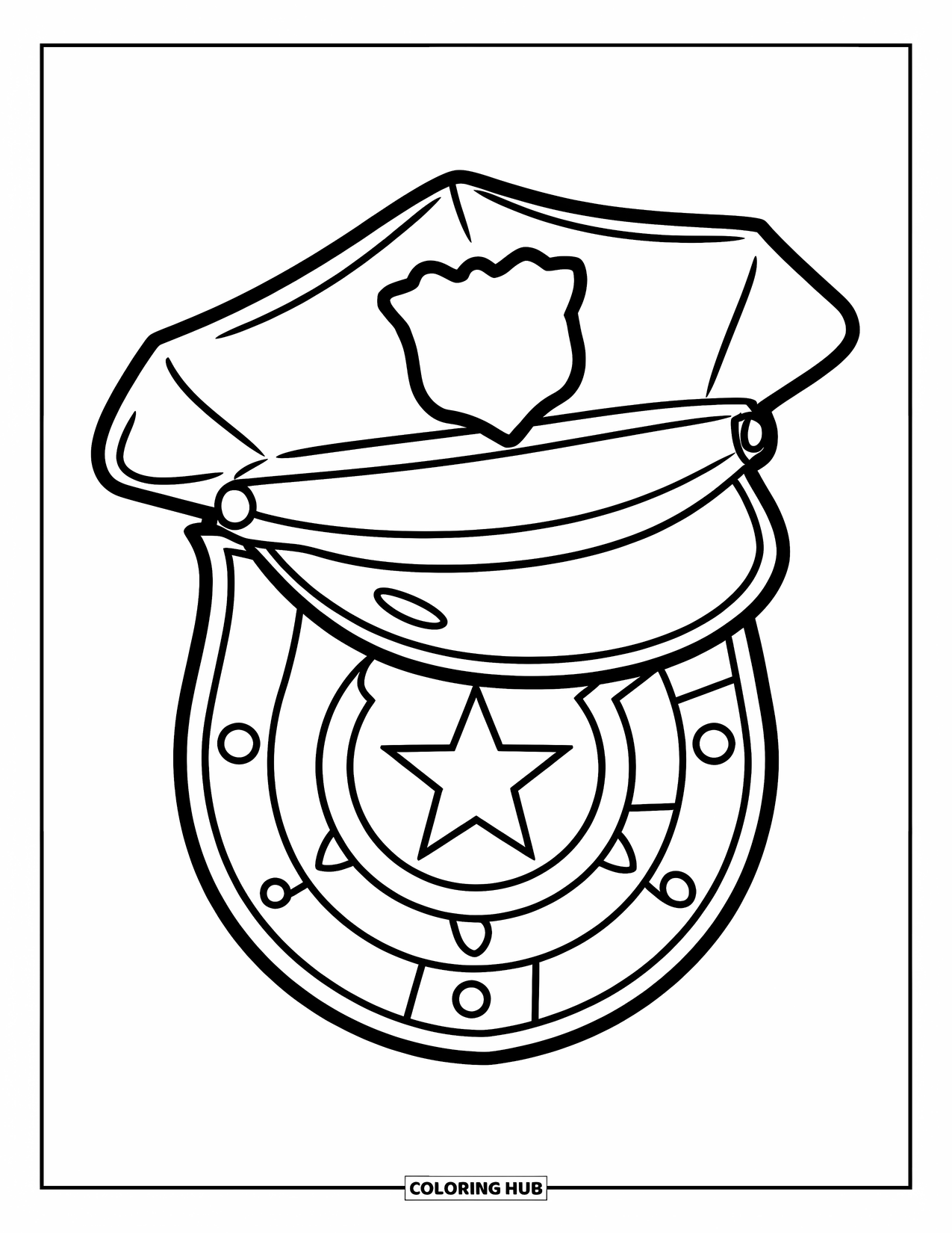 Police Coloring Page for Kids: A police cap on a shield with a heart, star, and lightning bolt