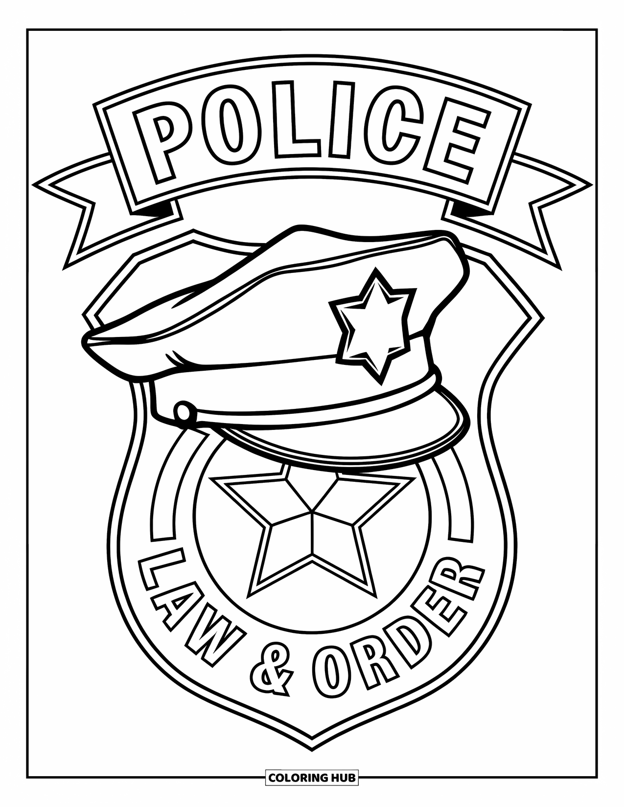 Police Coloring Page for Kids: A police cap on a shield with a star and "Law & Order" text