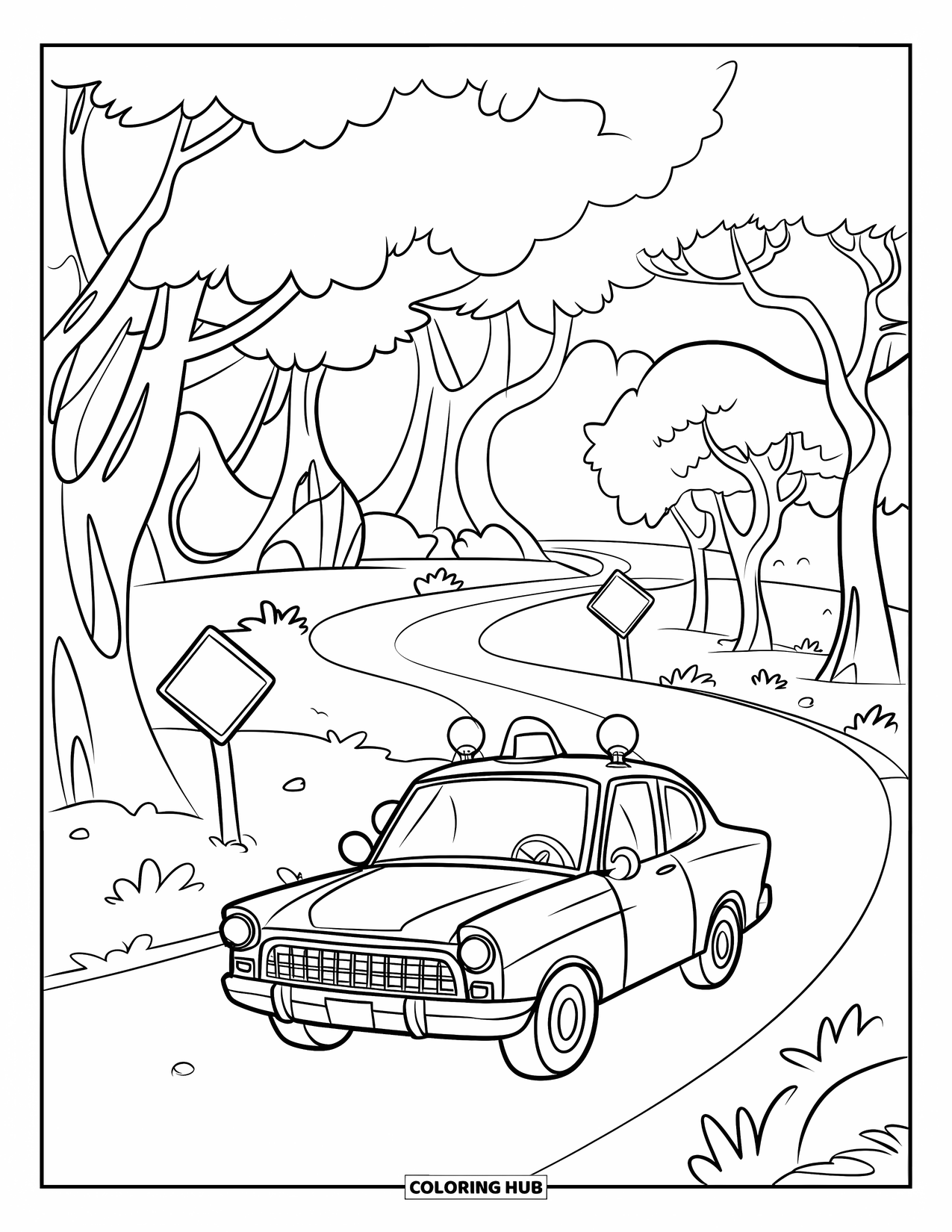 Police Coloring Page for Kids: A police car drives down a winding road surrounded by a forest