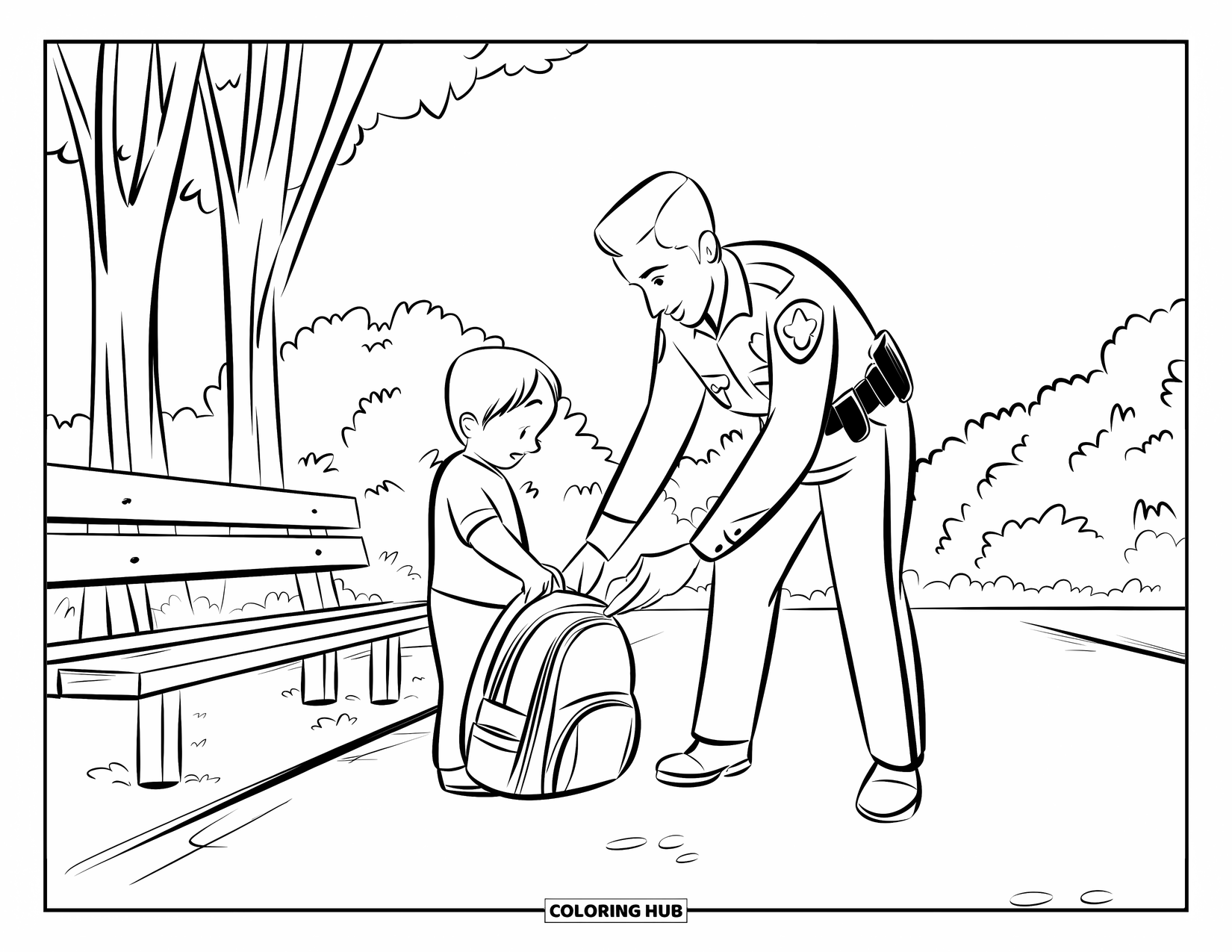 Police Coloring Page for Kids: A police officer helps a child find a lost backpack at the park
