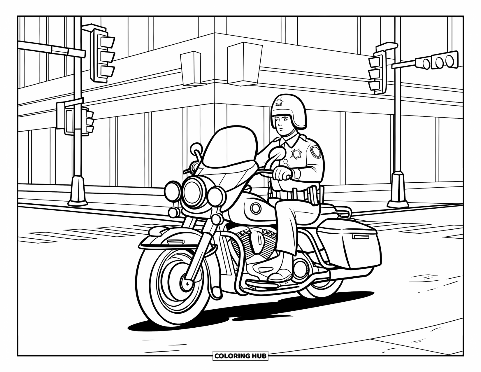 Police Coloring Page for Kids: A police officer on a motorcycle with a sidecar at a city intersection