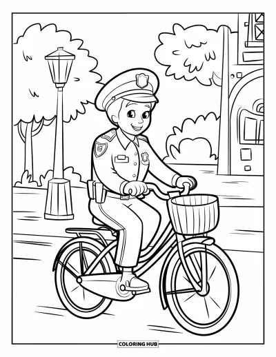 Tegning af politiet til børn: En politibetjent cykler med en kurv forbi træer og en bygning