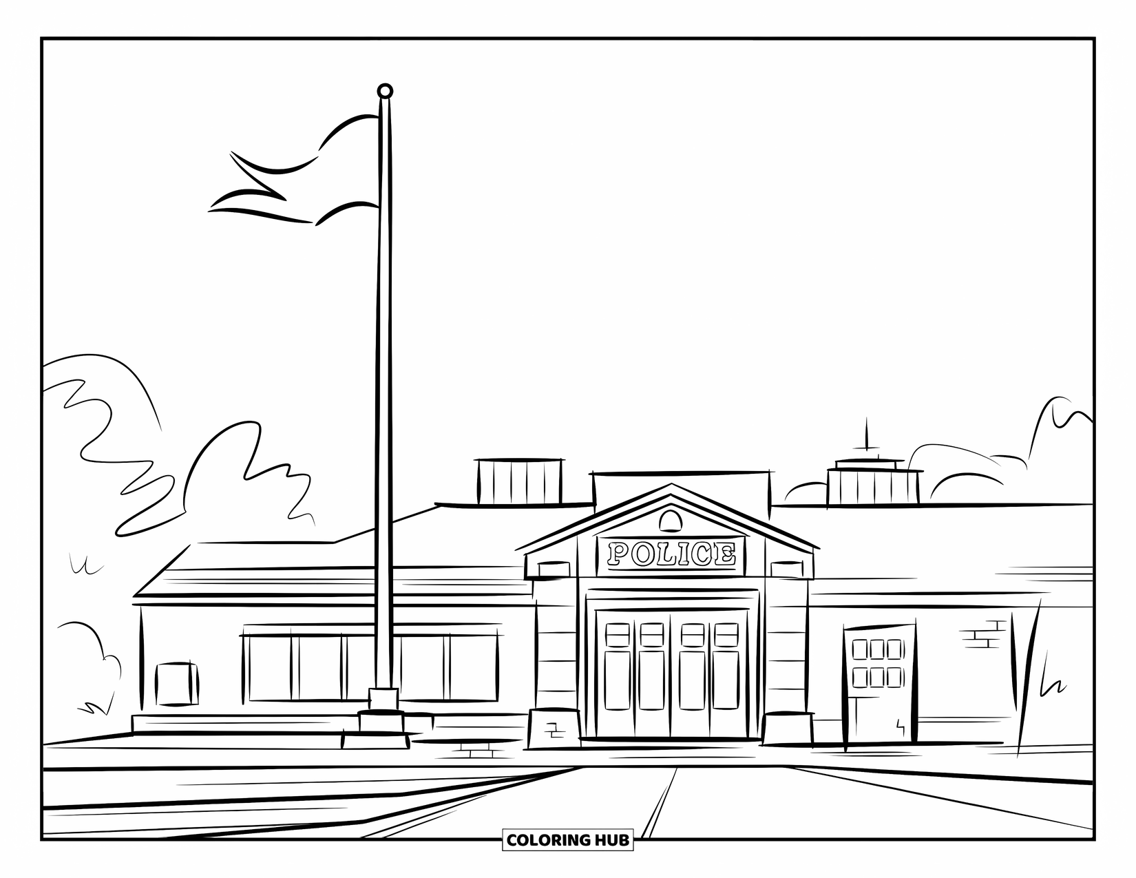 Police Coloring Page for Kids: A police station with a flagpole and wide doorway with a flag waving