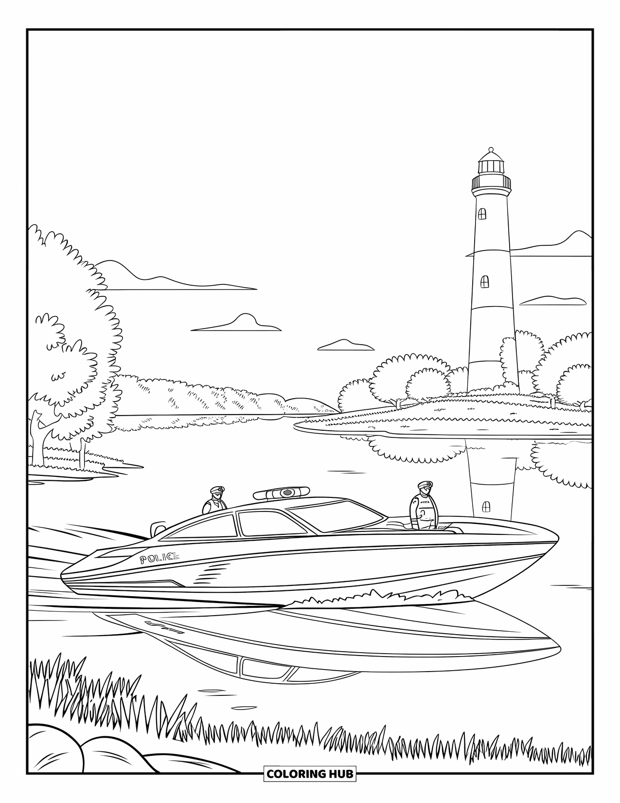 Police Coloring Page for Kids: A sleek police boat on a calm lake near a lighthouse and trees