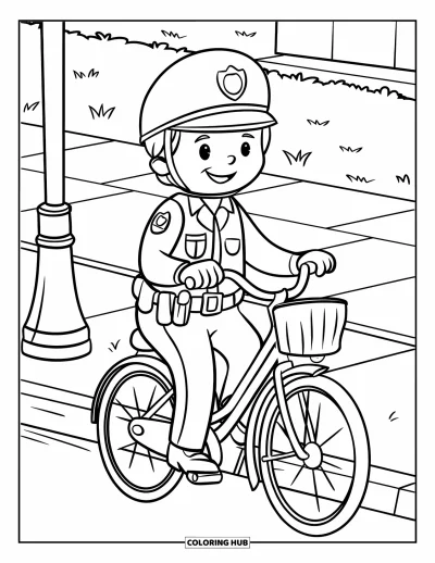 Tegning af politiet til børn: En smilende betjent cykler med en kurv nær en lygtepæl og græs