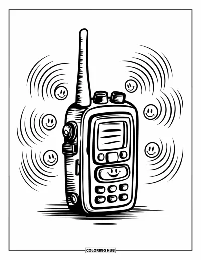 Tegning af politiet til børn: En walkie-talkie med en spiralantenne og smilende radiobølger omkring den