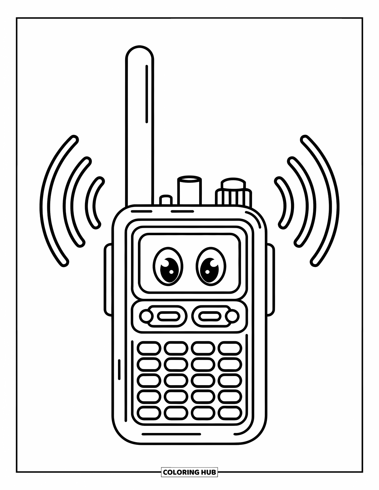 Police Coloring Page for Kids: A walkie-talkie with friendly radio waves and simple buttons