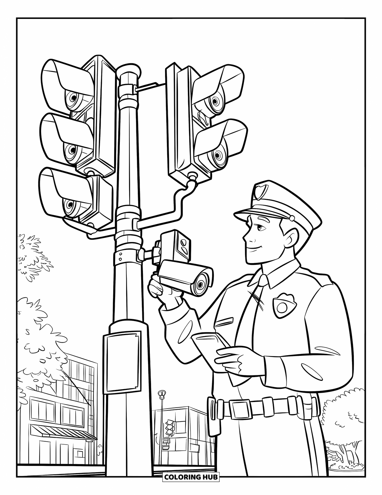 Police Coloring Page for Kids: An officer checks traffic cameras on a pole near buildings and trees