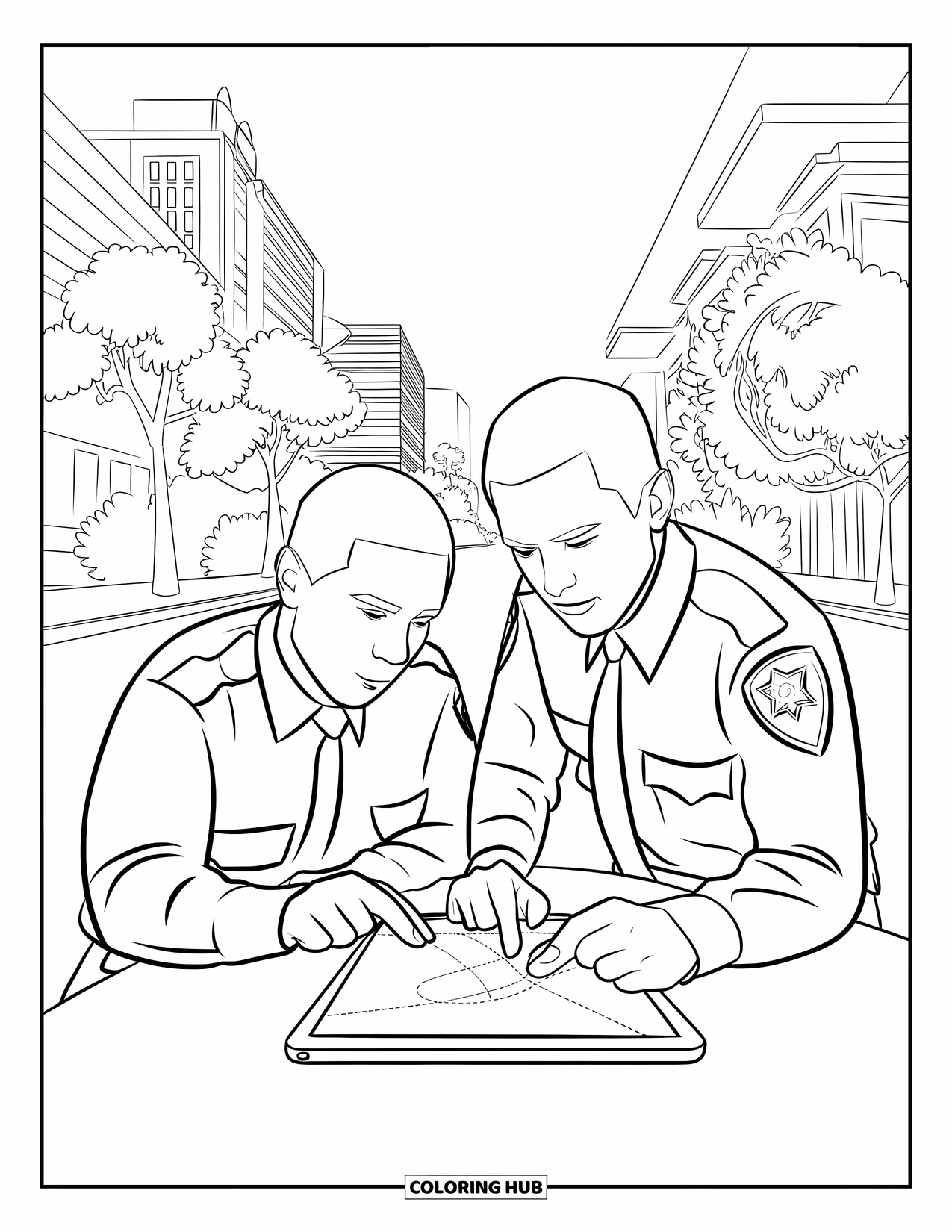 Police Coloring Page for Kids: Two officers planning a route on a tablet in a city street