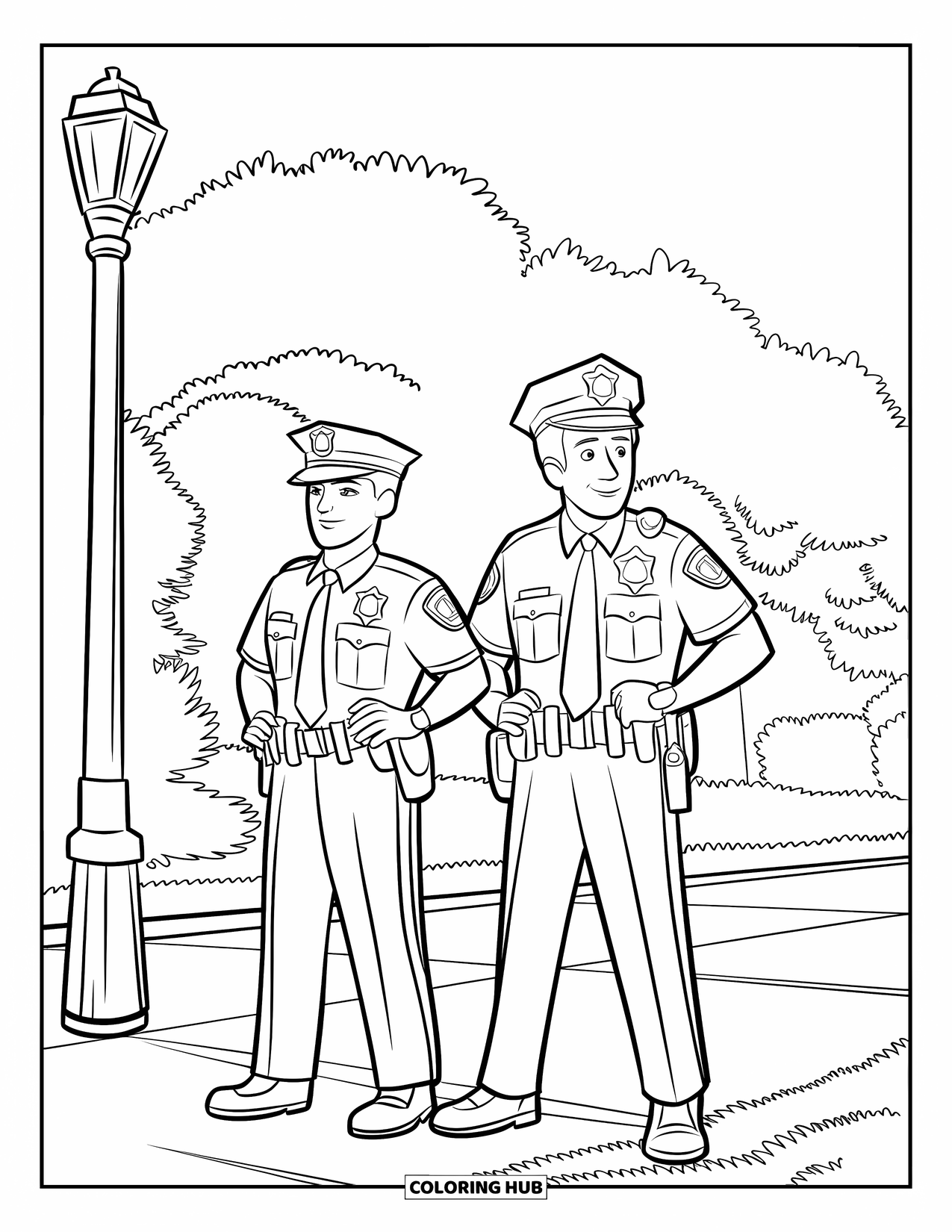Police Coloring Page for Kids: Two officers stand near a street lamp during a neighborhood patrol