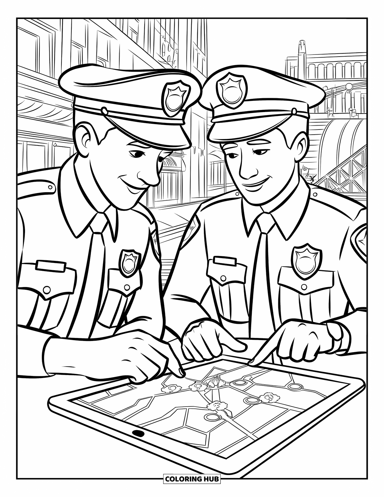 Police Coloring Page for Kids: Two officers use a tablet with a map near buildings and a bridge