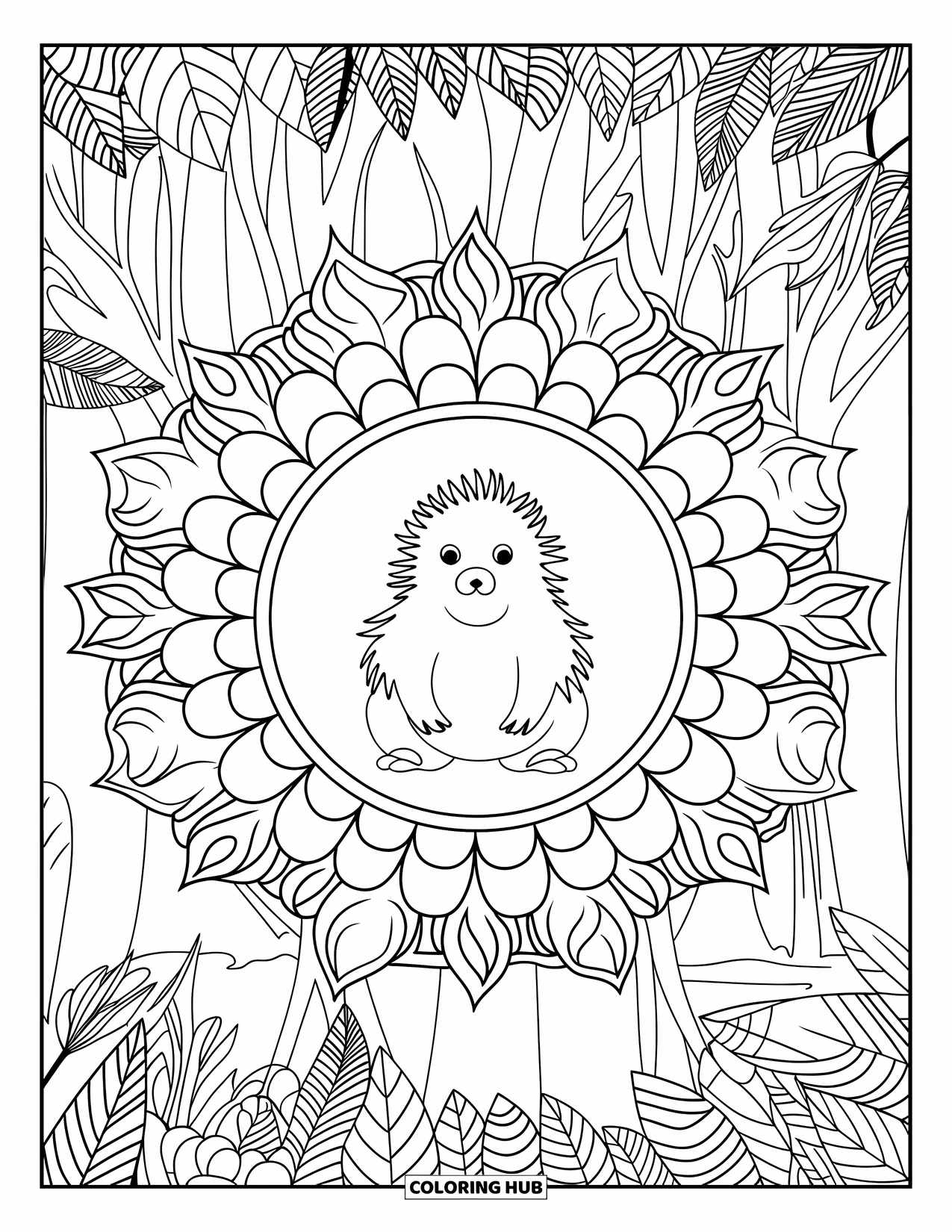 Porcupine Coloring Page for Adults: A calm porcupine sits in the center of a mandala of forest leaves