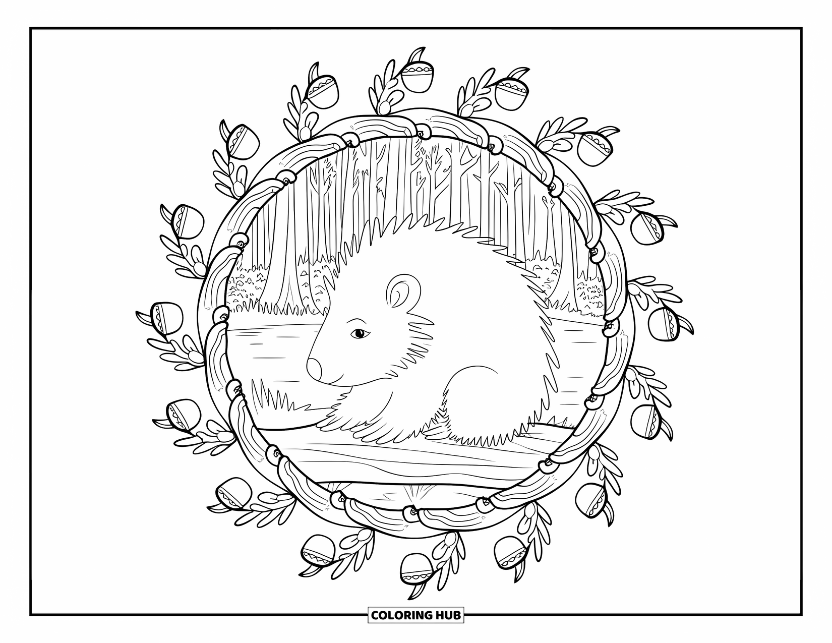 Porcupine Coloring Page for Adults: A calm porcupine sits on a log, framed by a forest mandala of nature shapes