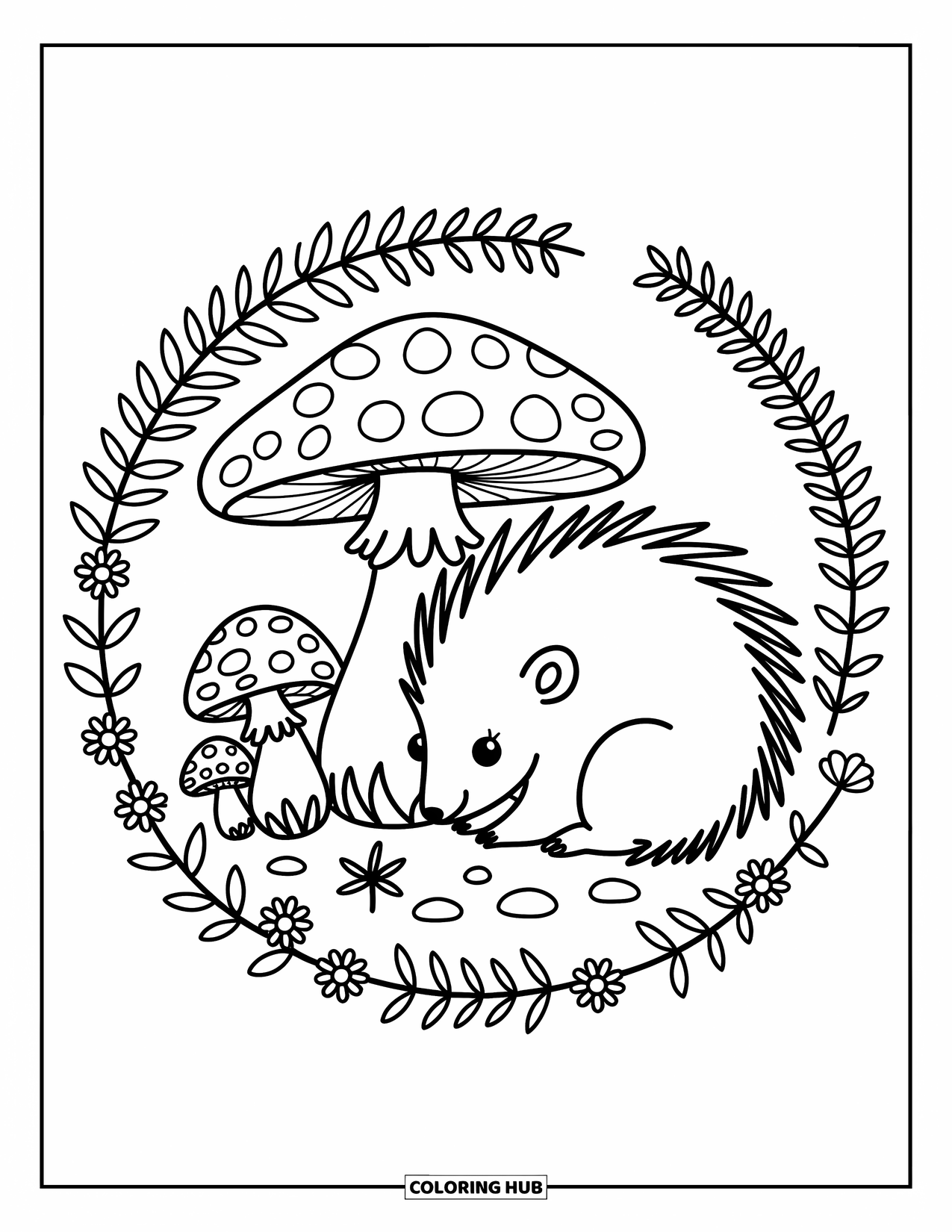 Porcupine Coloring Page for Adults: A cozy porcupine curls near a toadstool framed by tiny mushrooms and wildflowers