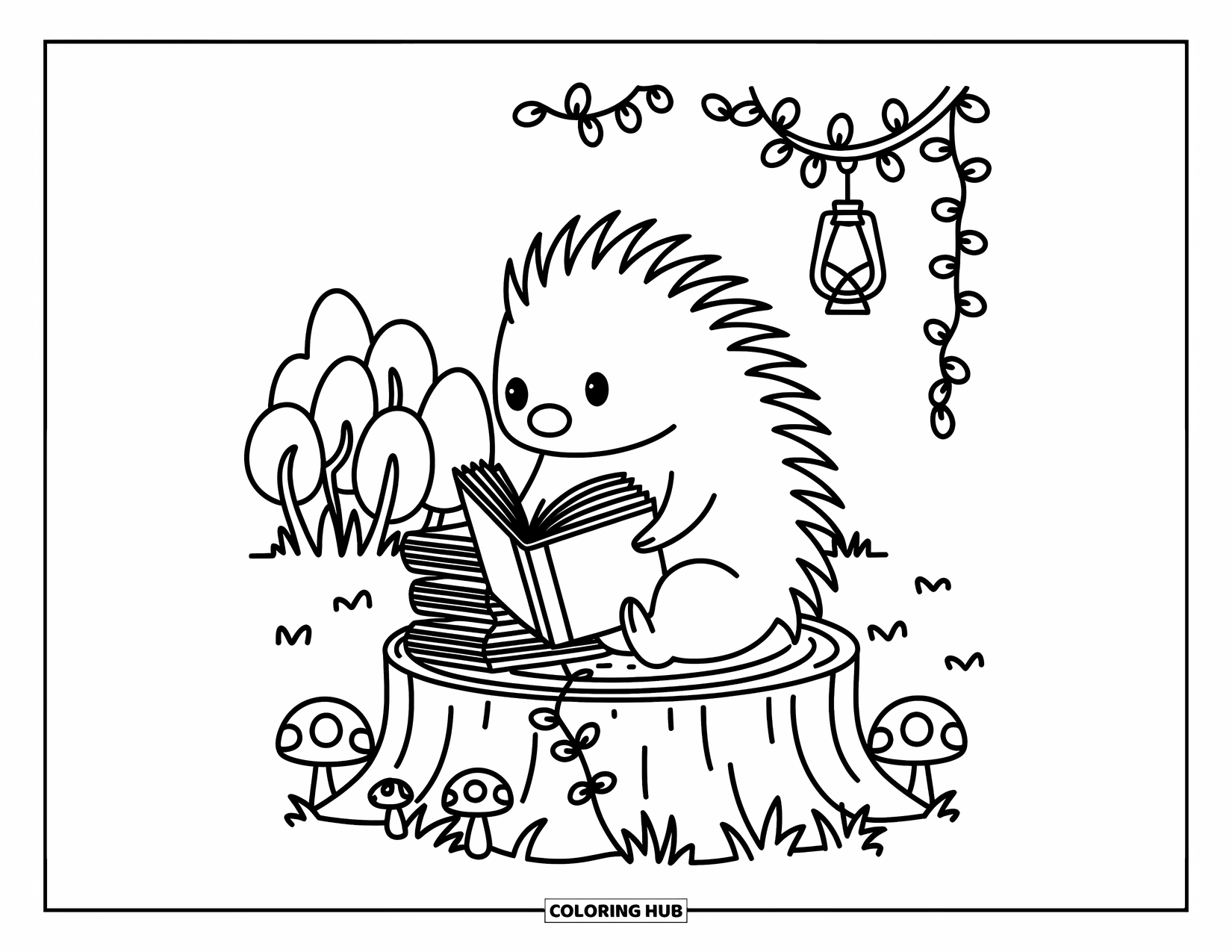 Porcupine Coloring Page for Adults: A cozy porcupine sits on a stump reading, with books, vines, and a lantern above