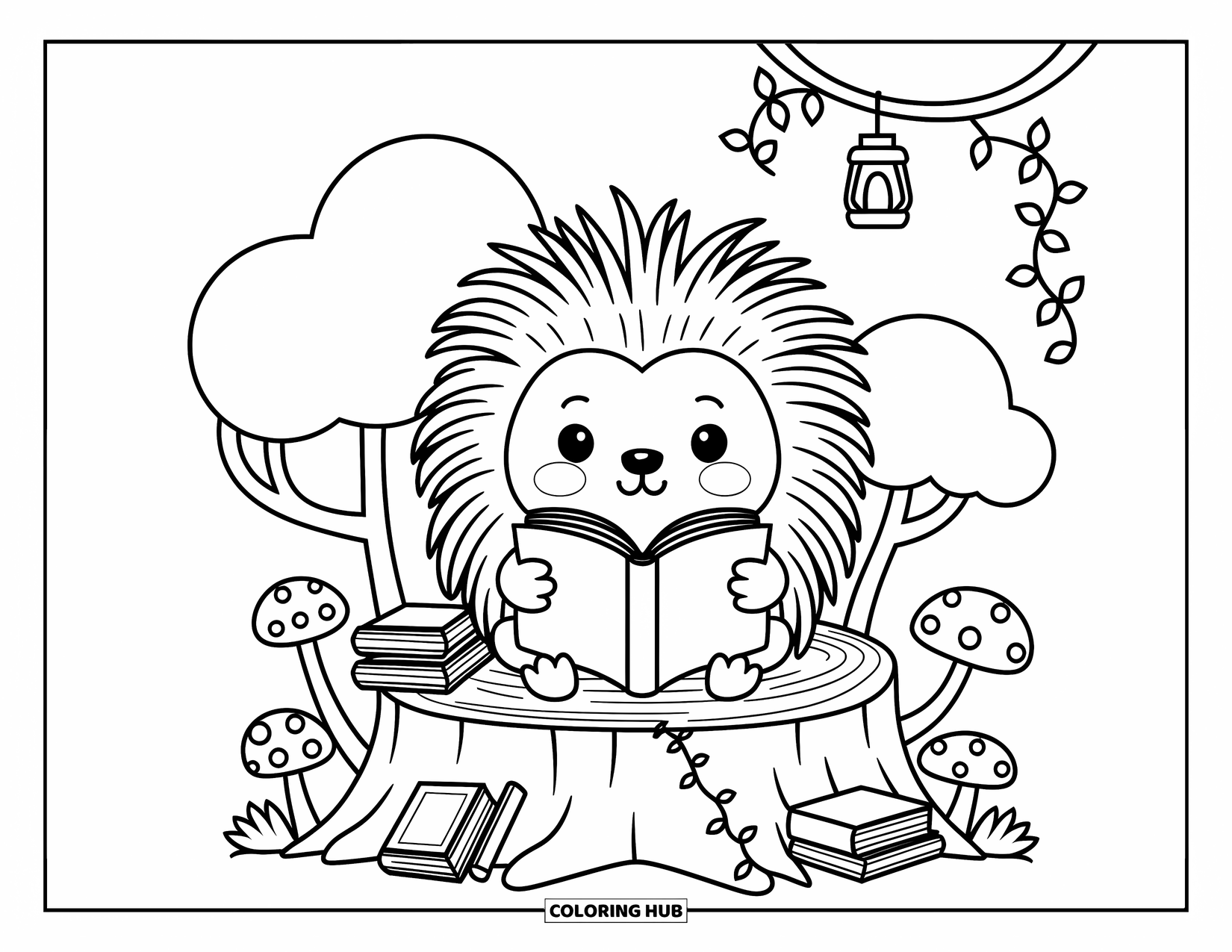 Porcupine Coloring Page for Adults: A happy porcupine reads on a forest stump under a lantern with vines and books