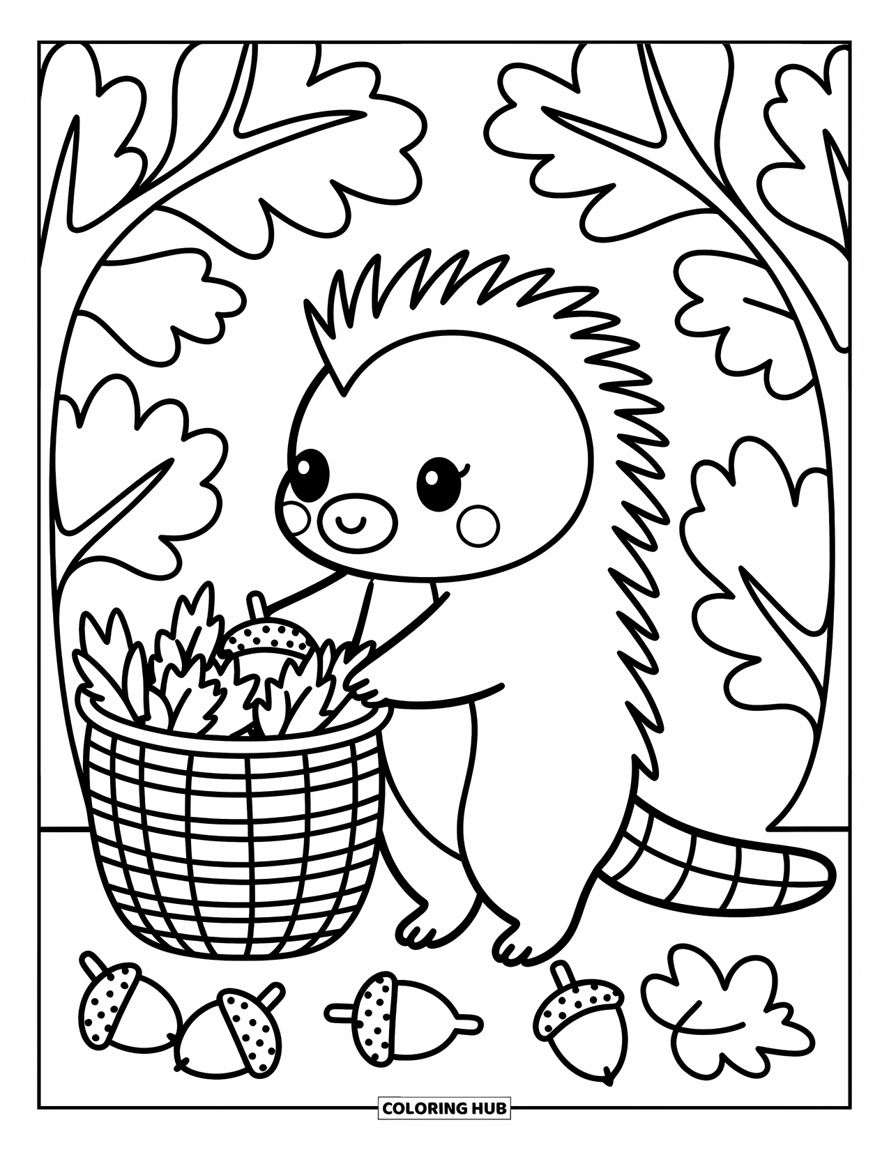 Porcupine Coloring Page for Adults: A porcupine collects acorns into a leafy basket surrounded by cozy forest trees