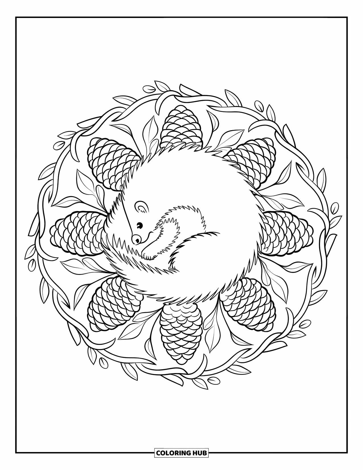 Porcupine Coloring Page for Adults: A porcupine curls up on pinecones inside a mandala of leaves and vines