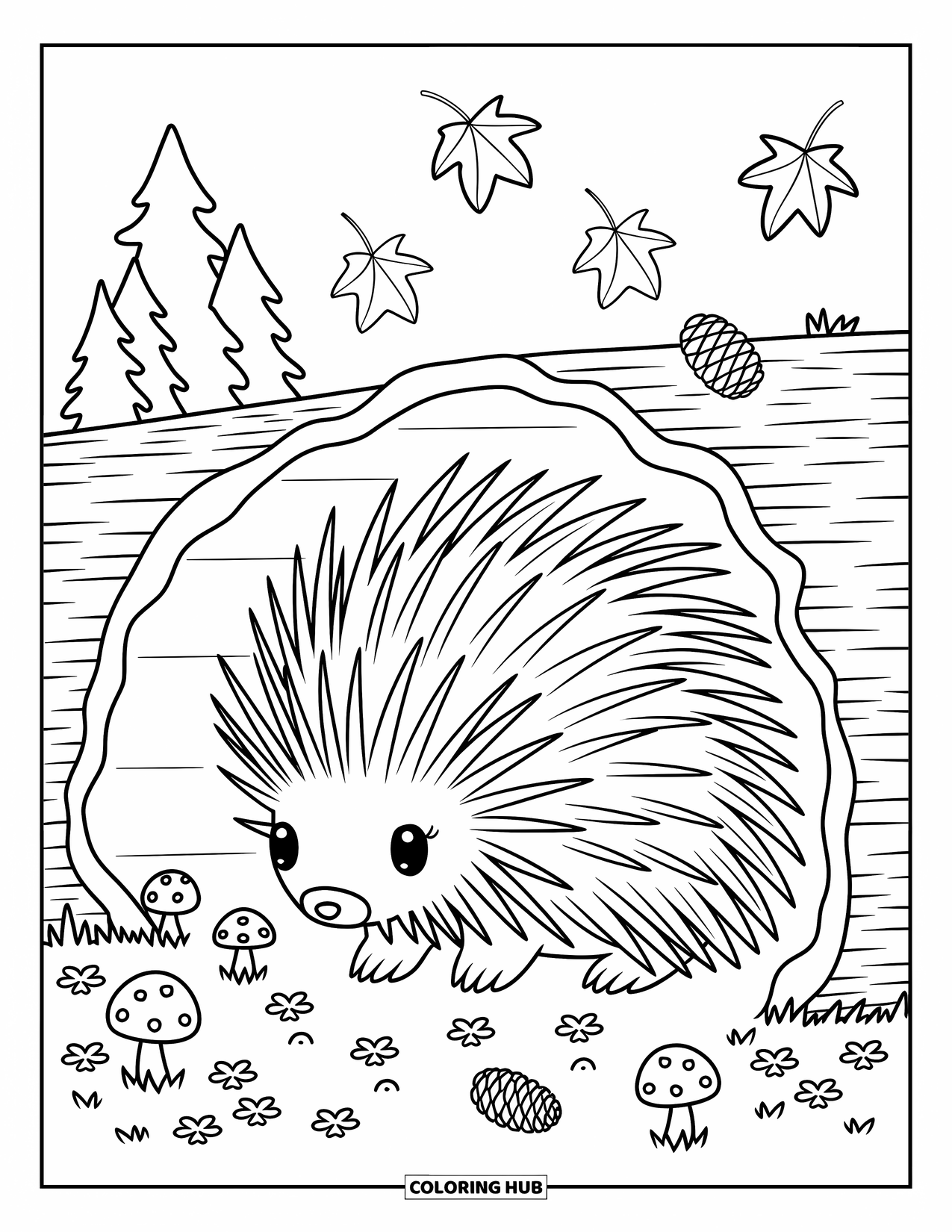 Porcupine Coloring Page for Adults: A porcupine hides in a fallen log with autumn leaves and little mushrooms around