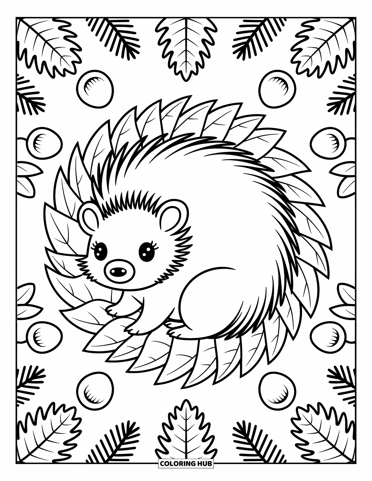 Porcupine Coloring Page for Adults: A porcupine nestles in a soft bed of leaves with scattered chestnuts and pine needles