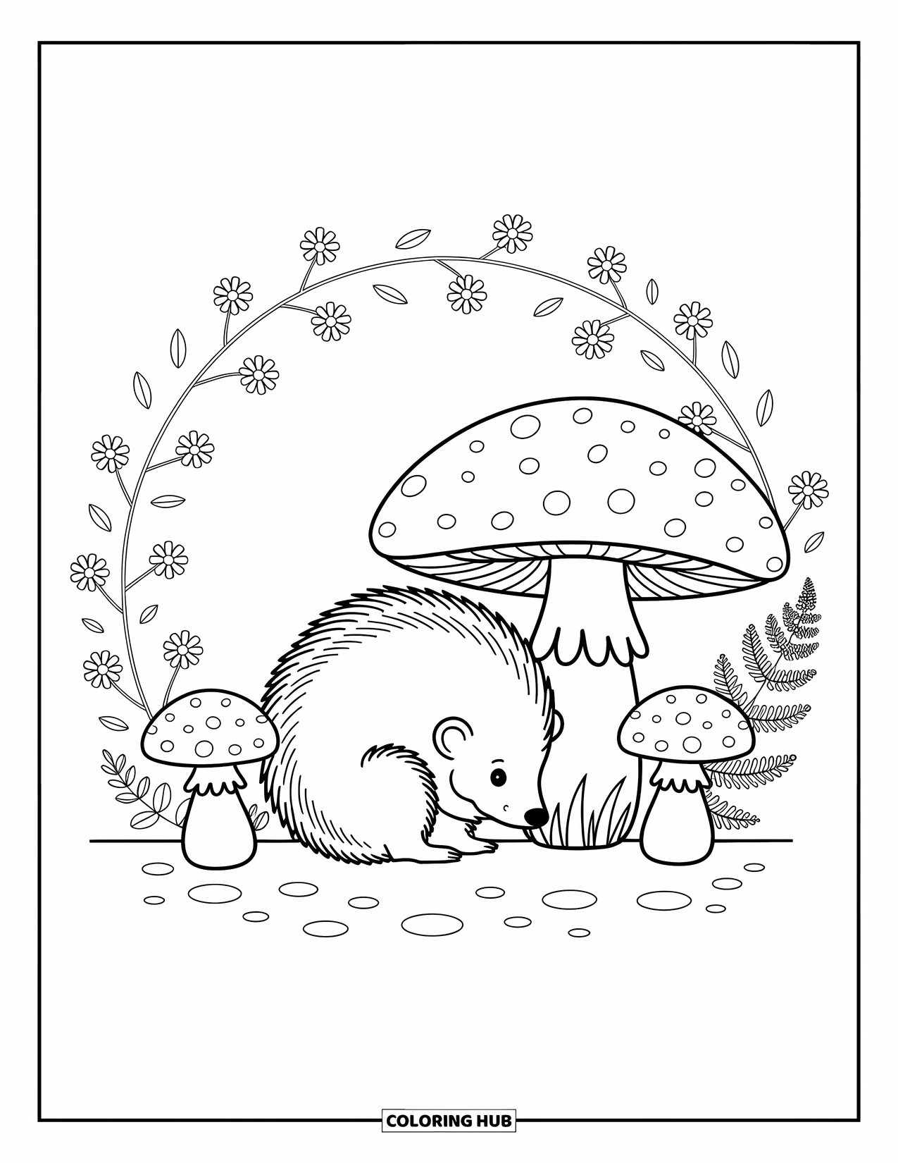 Porcupine Coloring Page for Adults: A porcupine snuggles by a mushroom, with forest ferns and playful flowers around