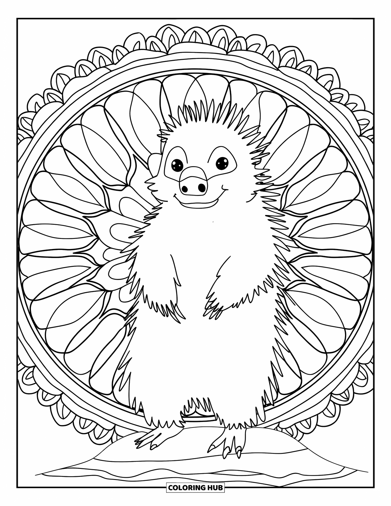 Porcupine Coloring Page for Adults: A porcupine stands on a rock surrounded by a mandala of leaves and tree rings
