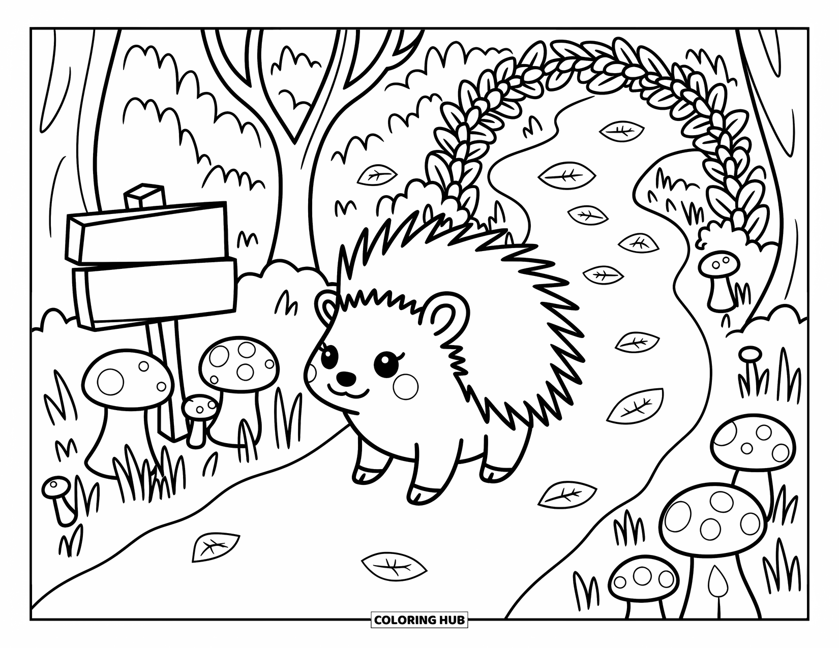 Porcupine Coloring Page for Adults: A porcupine strolls a leafy trail framed by trees, mushrooms, and a playful wooden sign