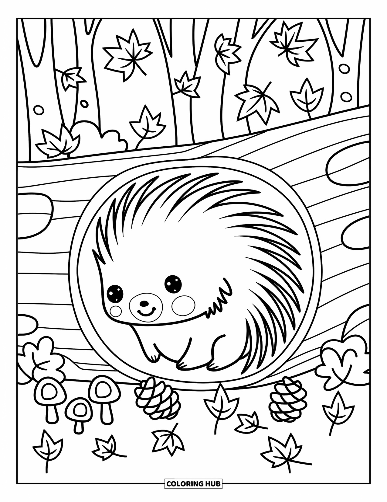 Porcupine Coloring Page for Adults: A shy porcupine hides in a log, surrounded by clovers, mushrooms, and drifting leaves
