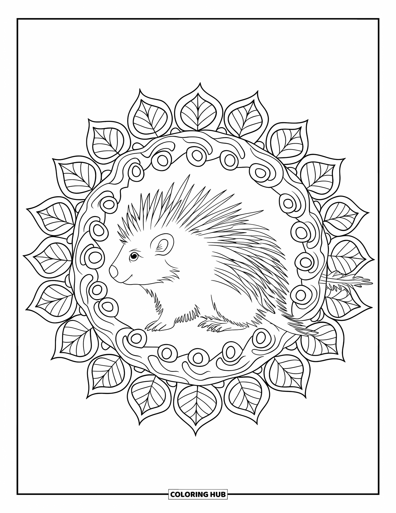 Porcupine Coloring Page for Adults: A standing porcupine is centered in a leafy mandala with tree ring patterns