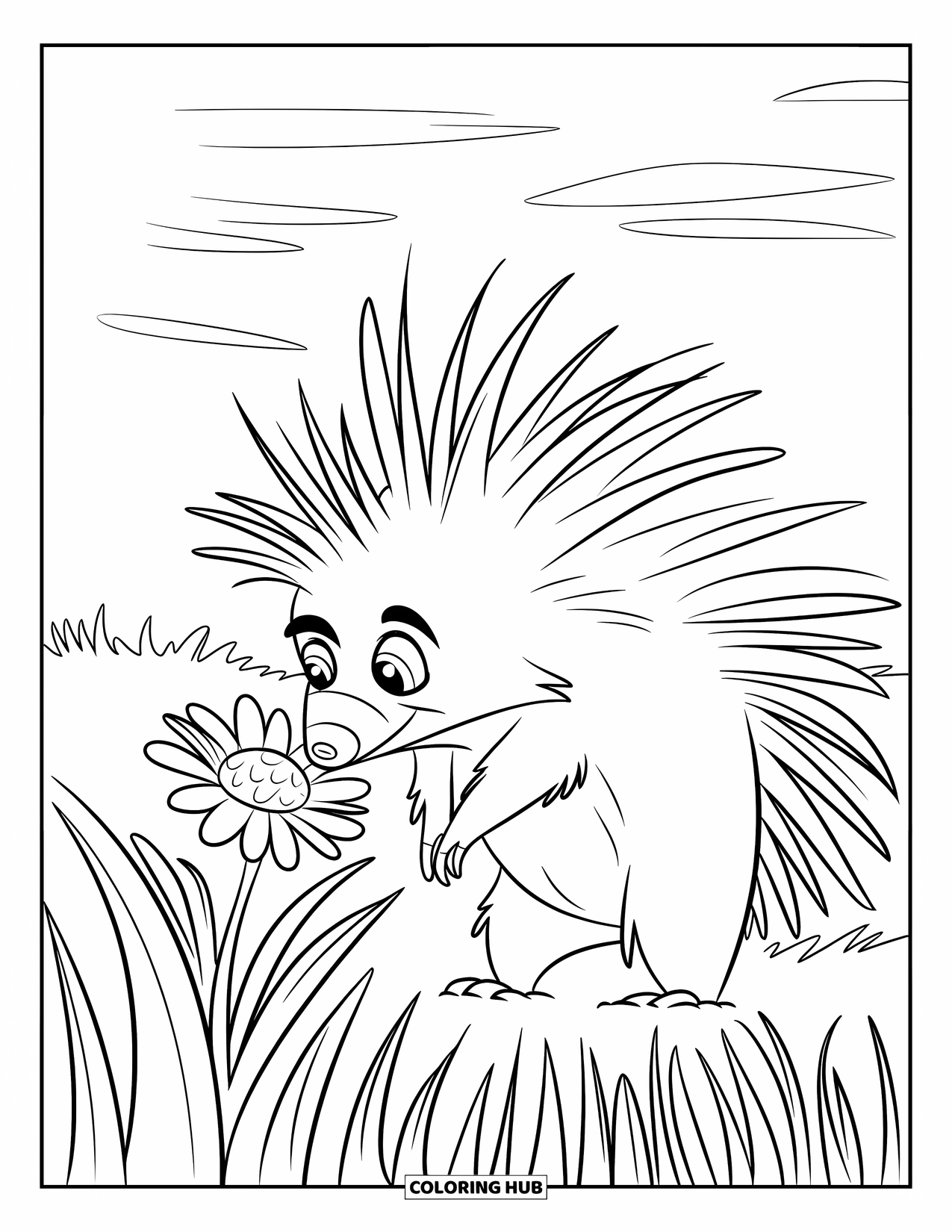Porcupine Coloring Page for Kids: A cheerful porcupine smells a flower under a sunny sky with fluffy clouds