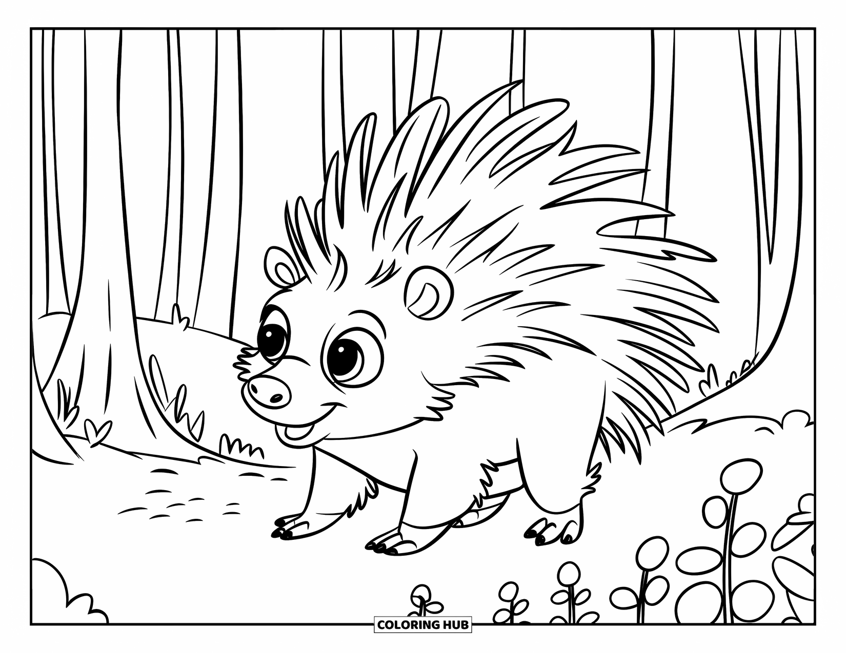 Porcupine Coloring Page for Kids: A cheerful porcupine with big eyes walks among tall trees and small leafy plants