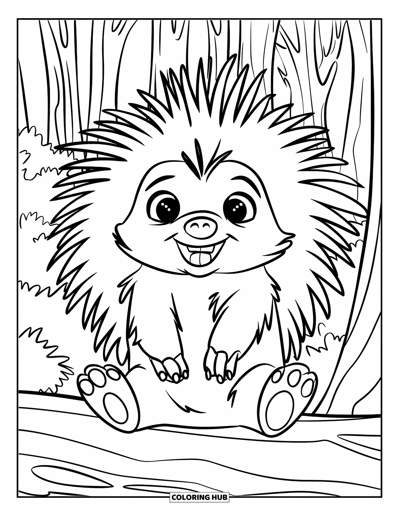 Porcupine Coloring Page for Kids: A cheerful porcupine with bold spines sits on a log surrounded by tall trees