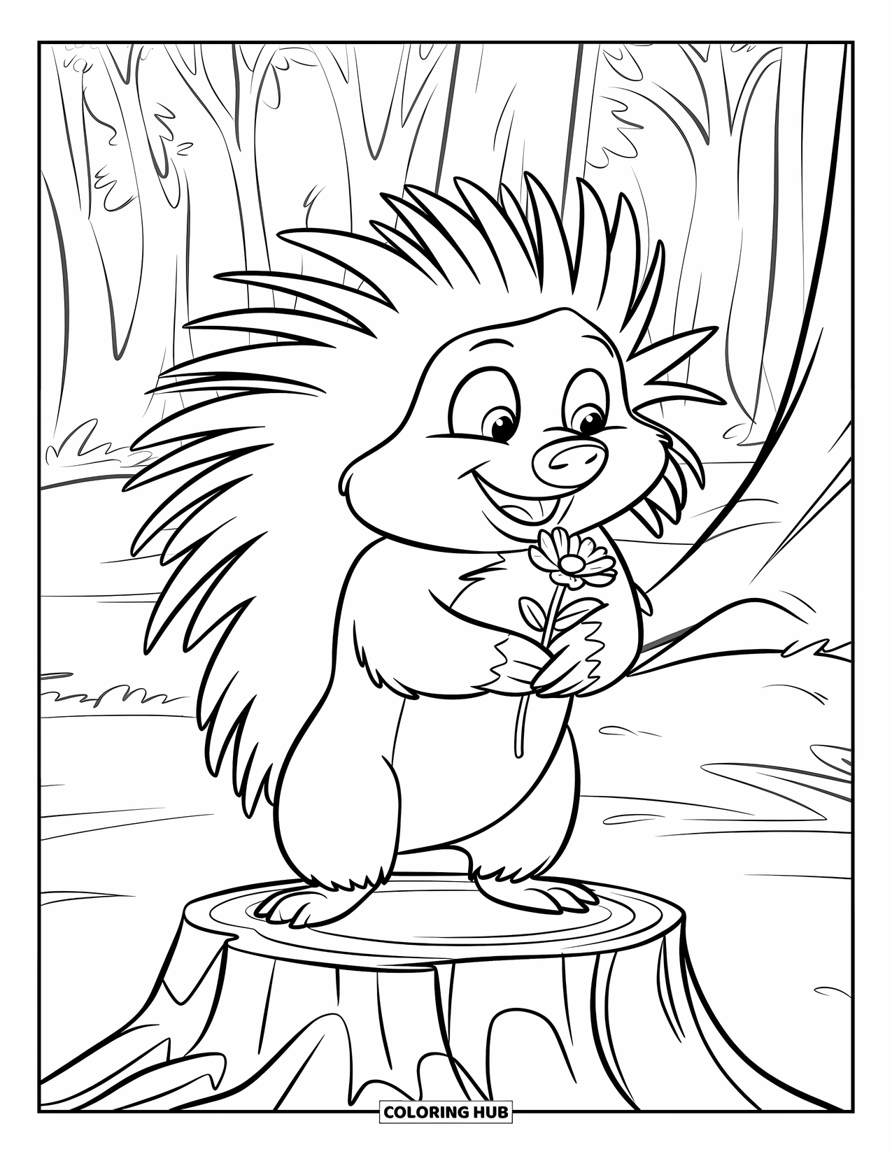 Porcupine Coloring Page for Kids: A happy porcupine holding a flower stands on a stump surrounded by forest trees