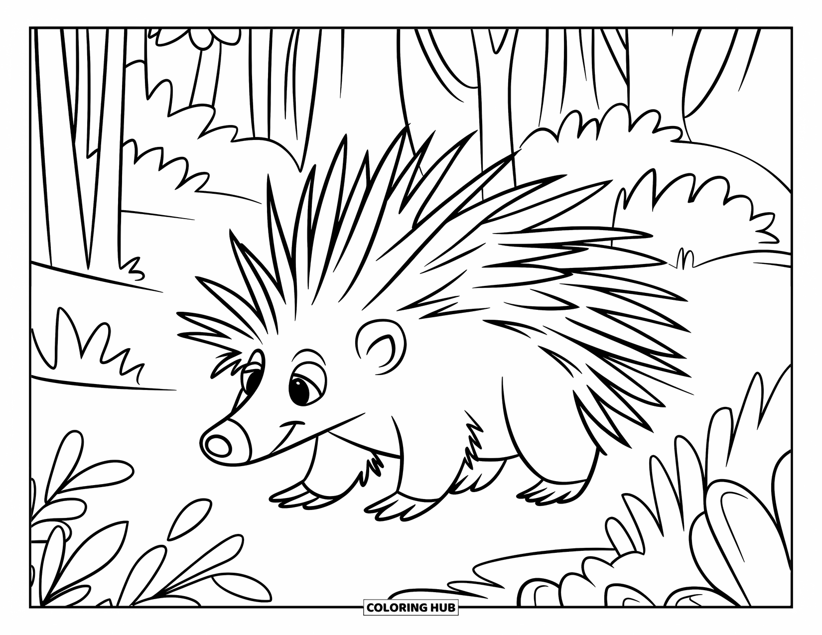 Porcupine Coloring Page for Kids: A happy porcupine walks through a cheerful forest with a few playful plants around