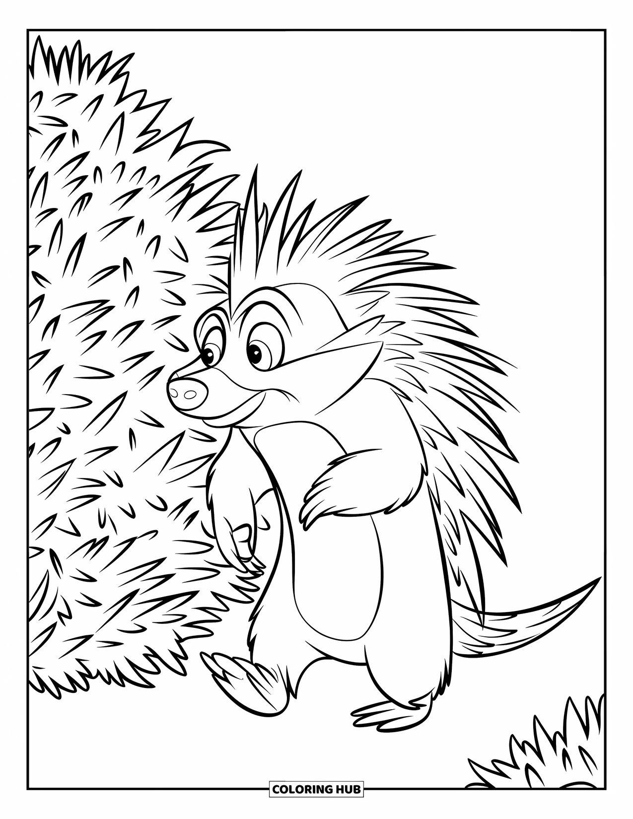 Porcupine Coloring Page for Kids: A hat-wearing porcupine stops beside a spiky bush