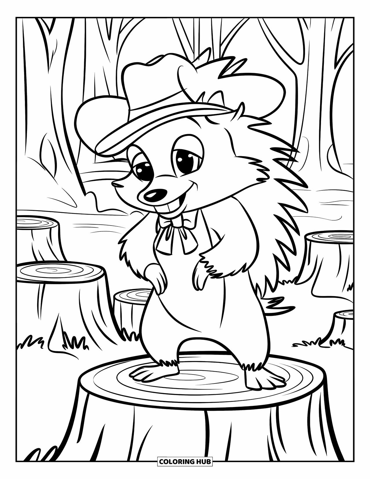 Porcupine Coloring Page for Kids: A porcupine in a hat and bow tie smiles while standing on a forest stump