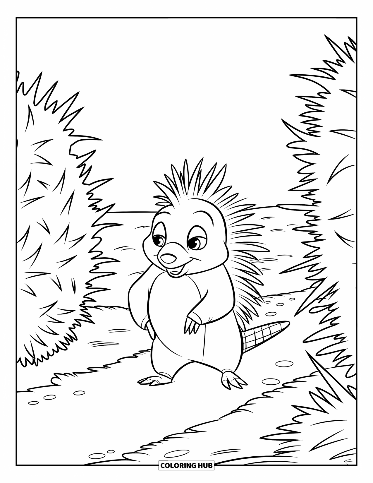 Porcupine Coloring Page for Kids: A porcupine strolls between two thorny bushes on a wide path