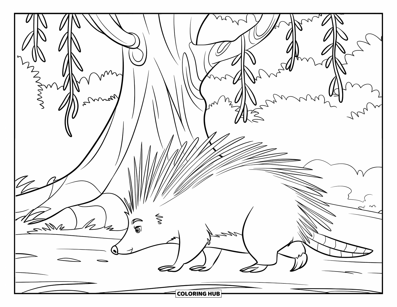 Porcupine Coloring Page for Kids: A porcupine strolls near thick vines and twisted tree trunks